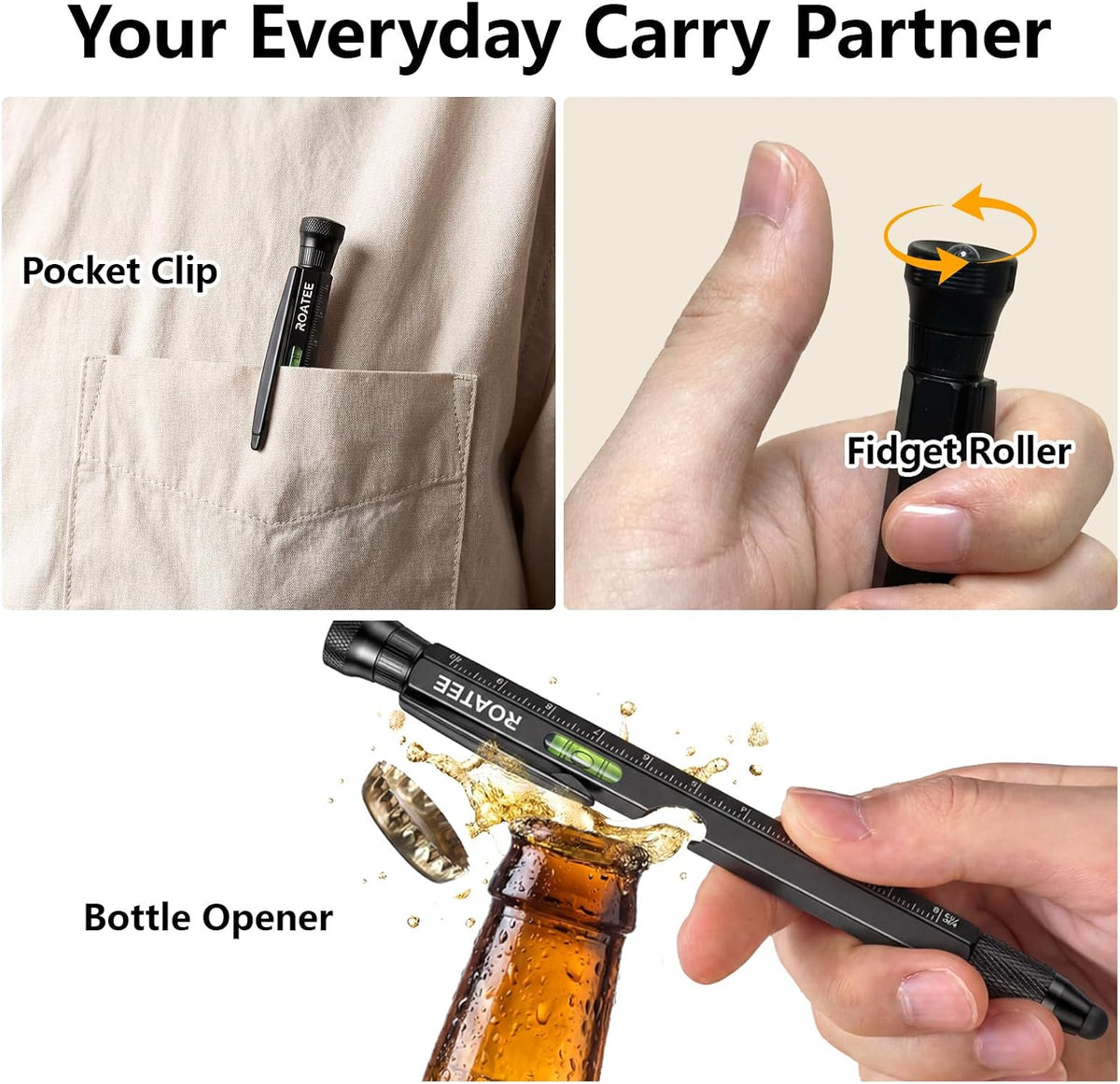 ROATEE Fathers Day Men Multi Tool Pen 12 in 1 Cool Stuff Gadgets Gift for Husband Dad Birthday Personalized Gifts Fidget Construction Pen with Small Screwdriver, Level, Ruler,Led Light, Black