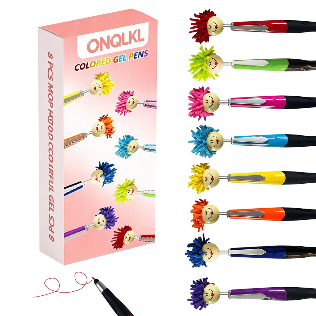 Pens,8pcs Mop Head Ballpoint Pens, Funny Mophea Topper Pen with Plush Hair Writing Click Pen Portable Cute Cartoon Multi-function Signing Party Favors Pens (BLACK ballpoint pen)
