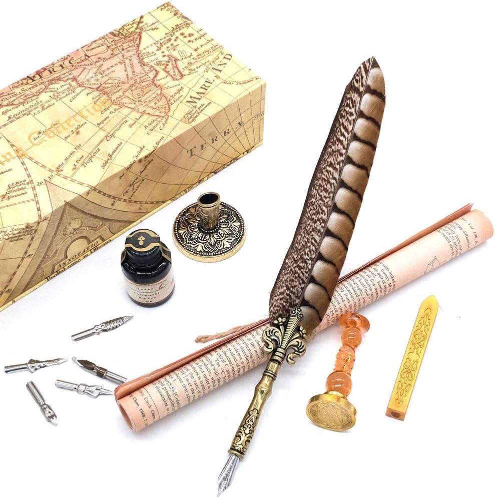 Antique Quill Pen Unique Half-Patterned Feather Pen Set with 6 Nibs 1 Bottle of Ink 1 Seal Stamp 1 Pen Holder 1 Sealing Wax LL-149