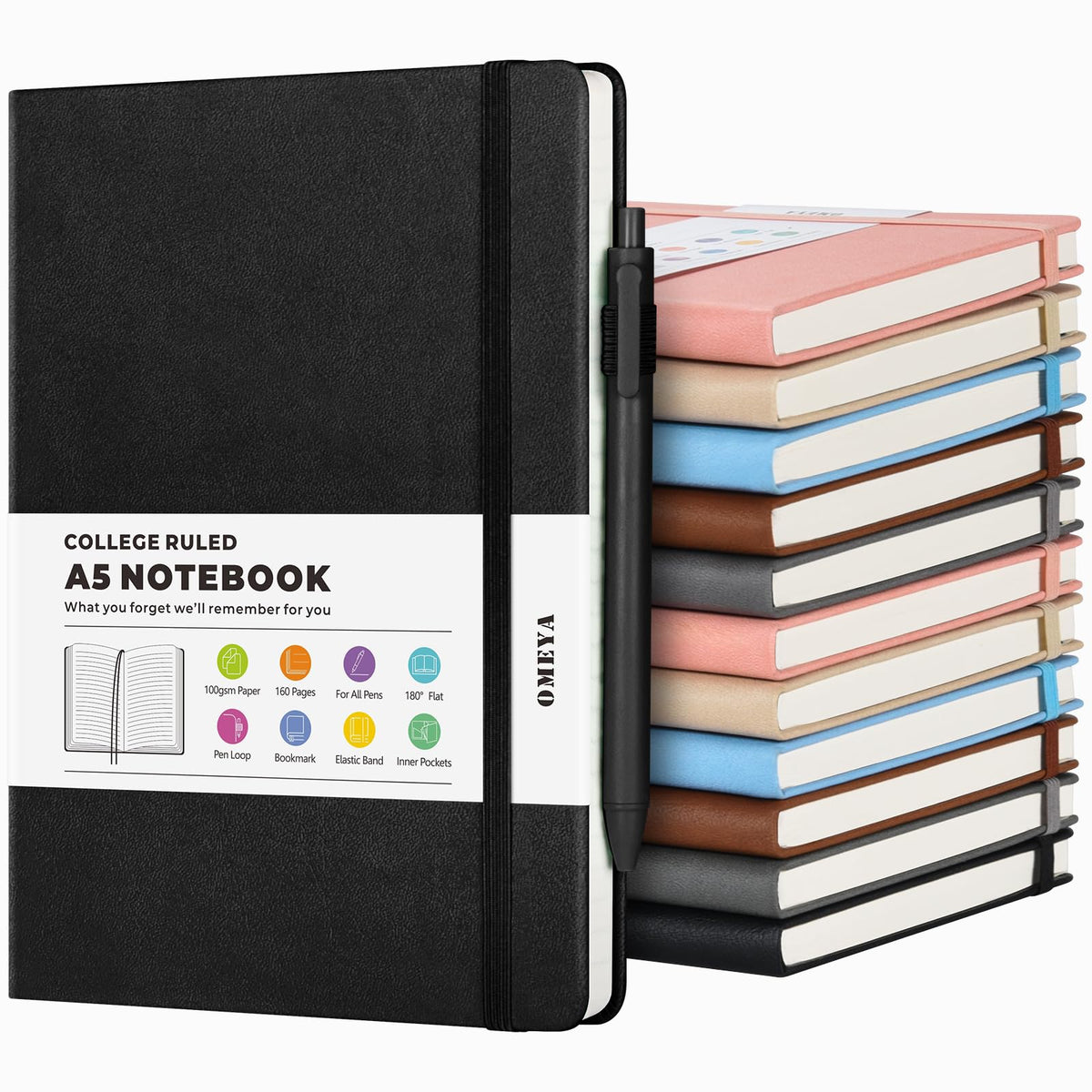 OMEYA A5 Hardcover Notebooks for Work: 6 Pack, 100gsm Paper, 160 Pages Each