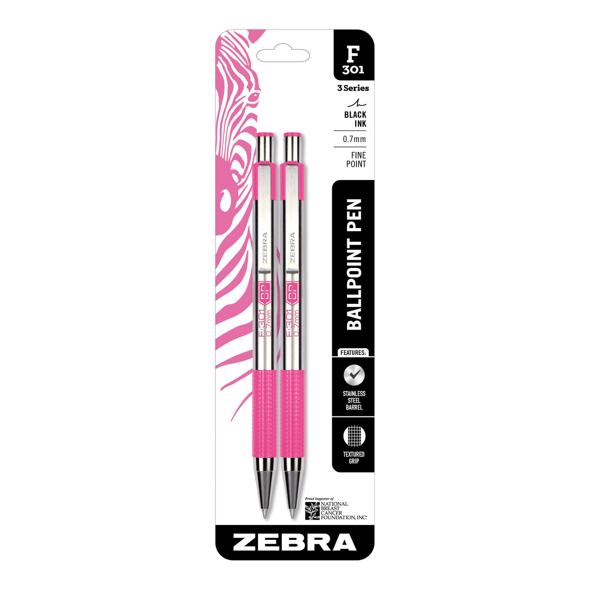 Zebra Pen STEEL F-301 Retractable Ballpoint Pen, Black Ink, 0.7mm, 4-Pack