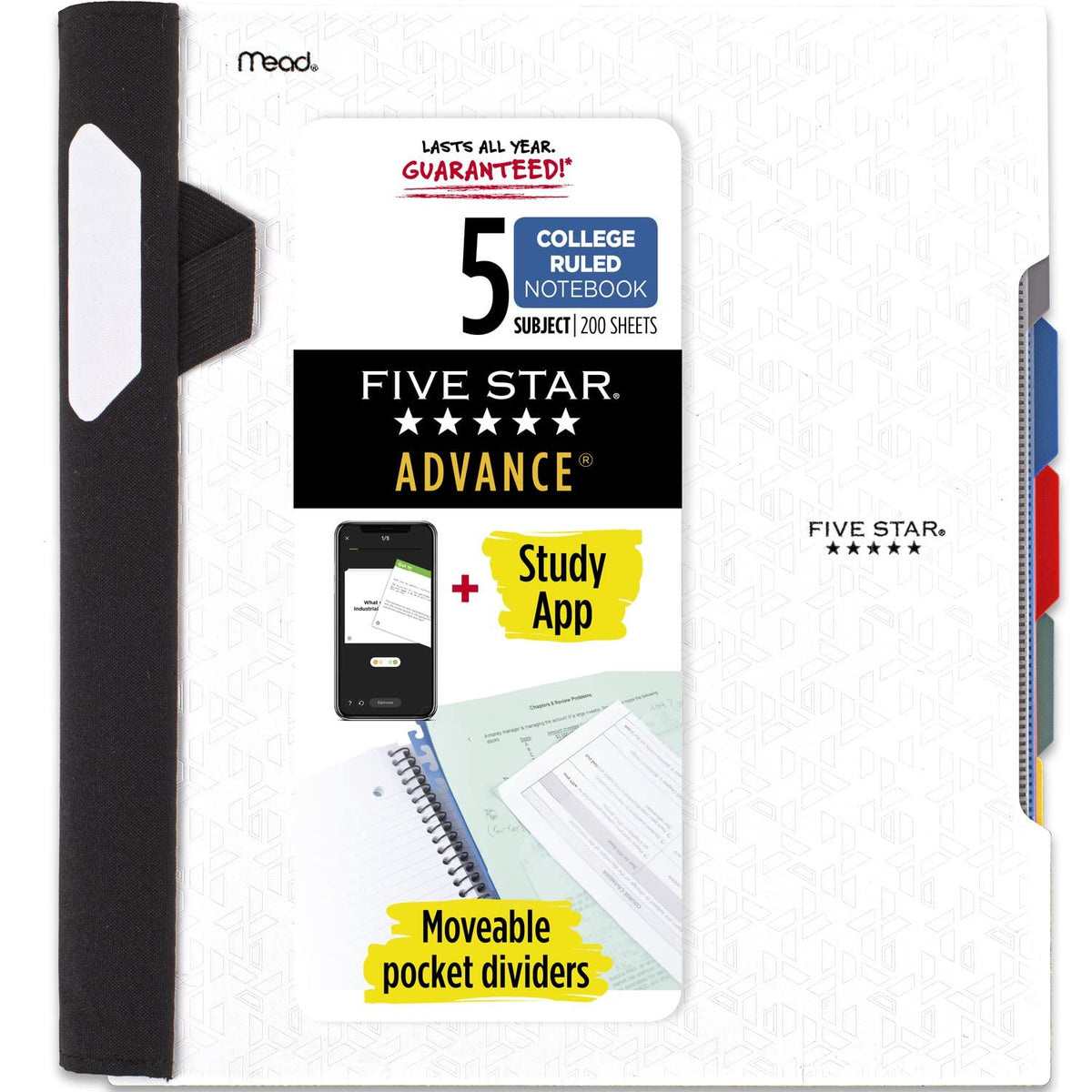 Five Star Advance Spiral Notebook + Study App, 5 Subject, College Ruled Paper, 8-1/2" x 11", 200 Sheets, Spiral Guard, Movable Tabbed Dividers, Fire Red (73146)