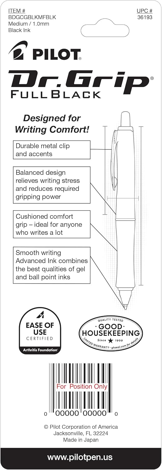 PILOT Dr. Grip FullBlack Ballpoint Pen, Black Ink, Single Pen