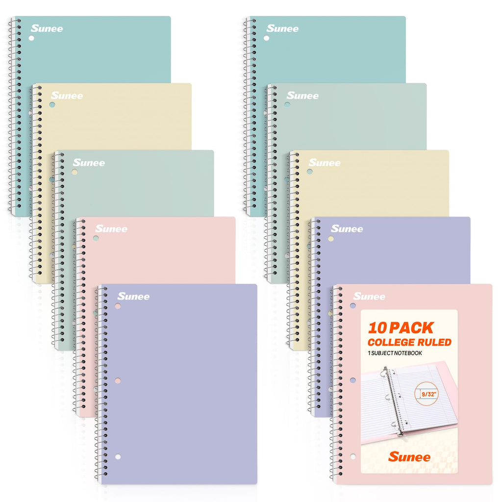 SUNEE Spiral Notebooks, 1-Subject, 10 Pack, College Ruled Paper, 8" x 10-1/2", 70 Sheets per Notebook,3-Hole Punched Paper, Pink,Purple, Blue, Green, Yellow Spiral Lined Notebooks for School,Work