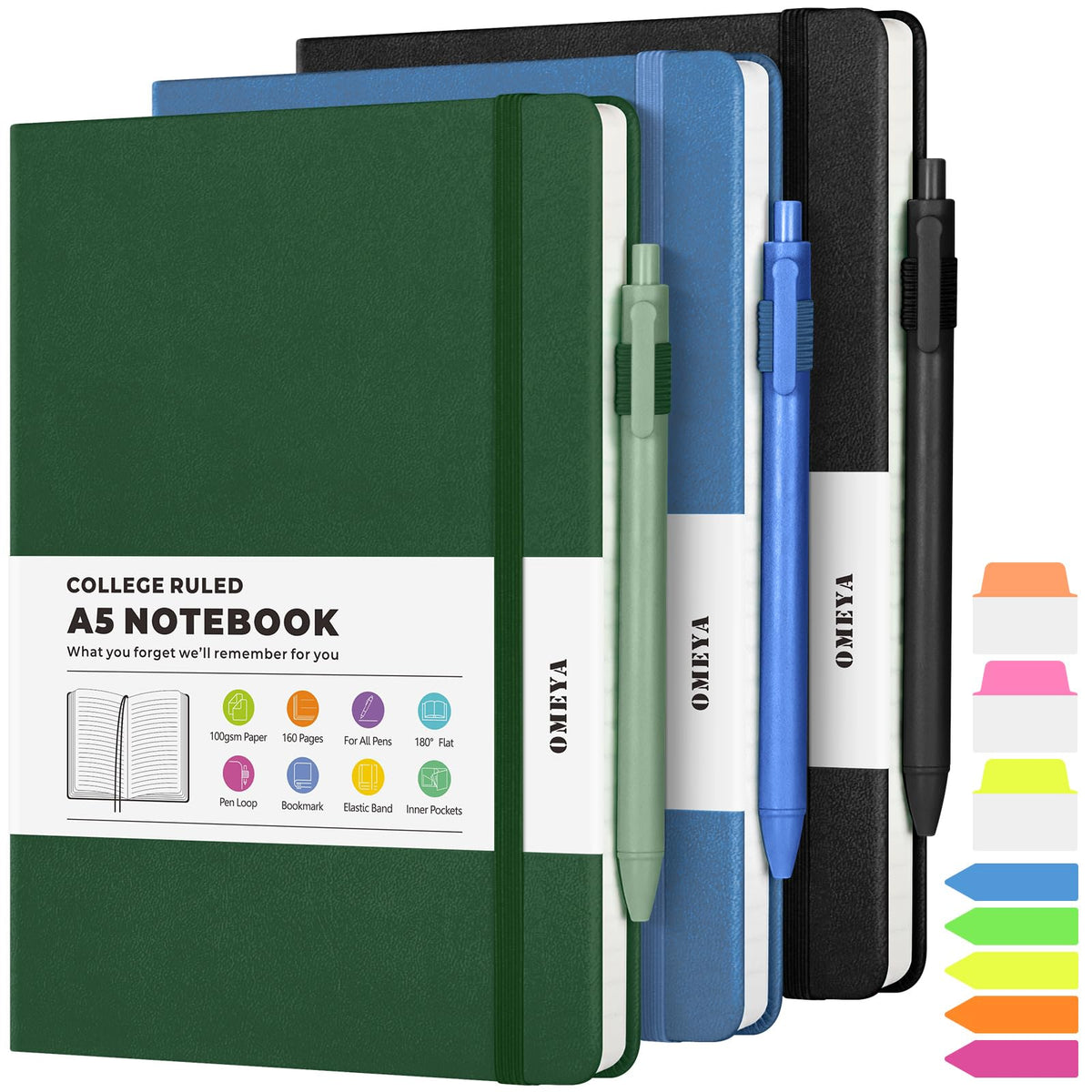 OMEYA A5 Hardcover Notebooks for Work: 3 Pack, 100gsm Paper, 160 Pages Each