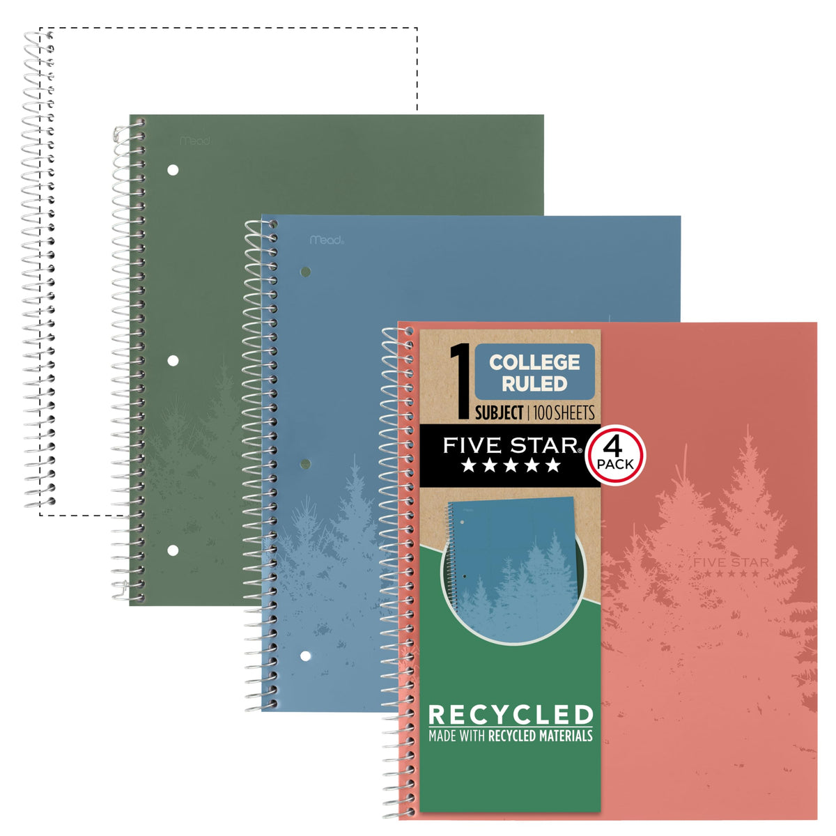 Five Star Spiral Notebook + Study App, 4 Pack, 1 Subject, Recycled College Ruled Paper, 8-1/2" x 11", 100 Sheets, Fights Ink Bleed, Includes 3 Colors + 1 Randomly Selected Color (820046-ECM24)
