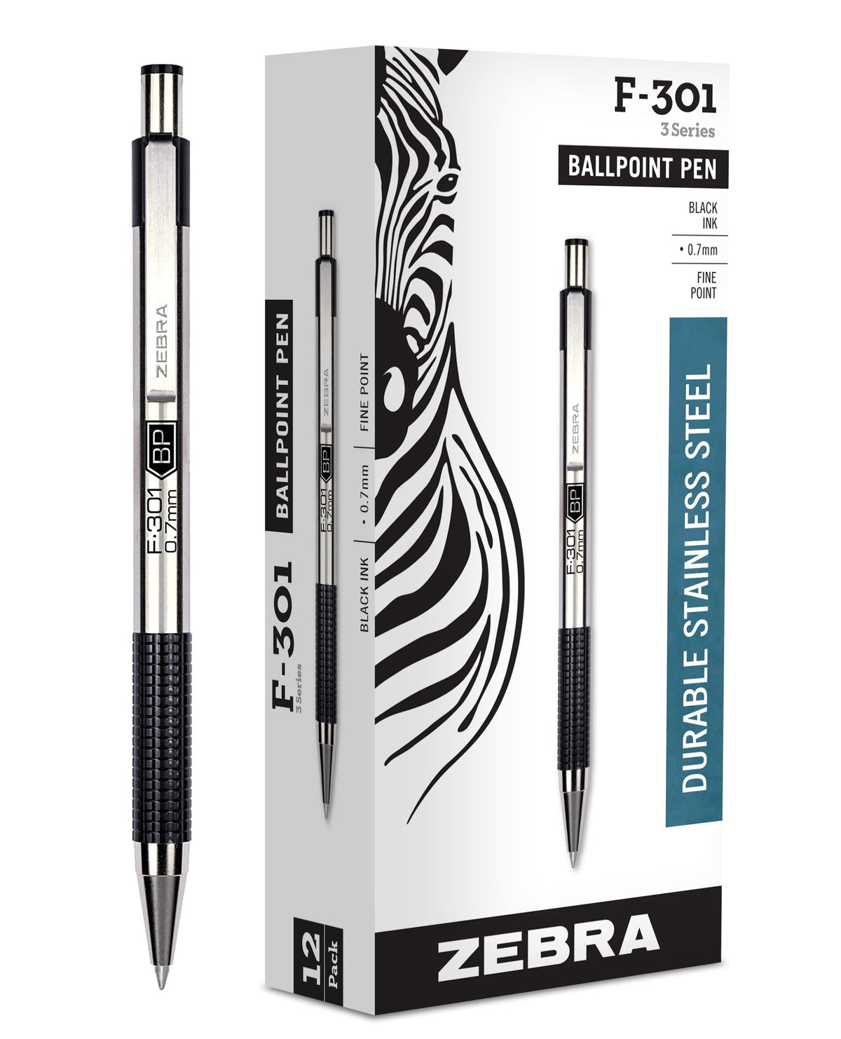 Zebra Pen STEEL F-301 Retractable Ballpoint Pen, Black Ink, 0.7mm, 4-Pack