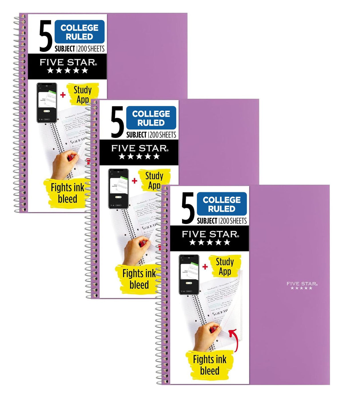 Five Star Spiral Notebook + Study App, 6 Pack, 5 Subject, College Ruled Paper, Fights Ink Bleed, Water Resistant Cover, 8-1/2" x 11", 200 Sheets, Assorted Colors (73793)
