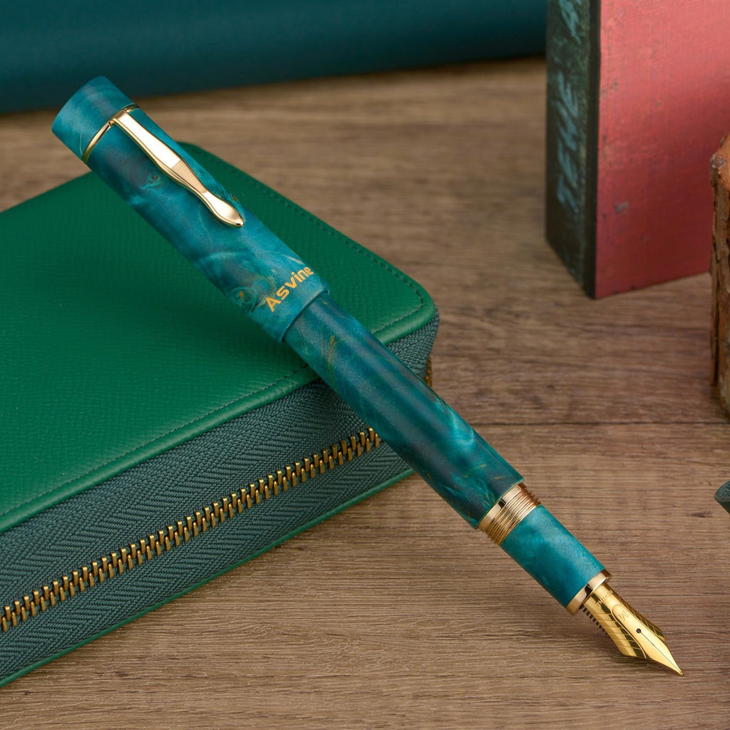 Asvine Stabilized Wood Fountain Pen C2000 Number 8 Fine Nib Large Handcraft Unique Pattern Pen with Converter Pen Box Collection Set- Oasis