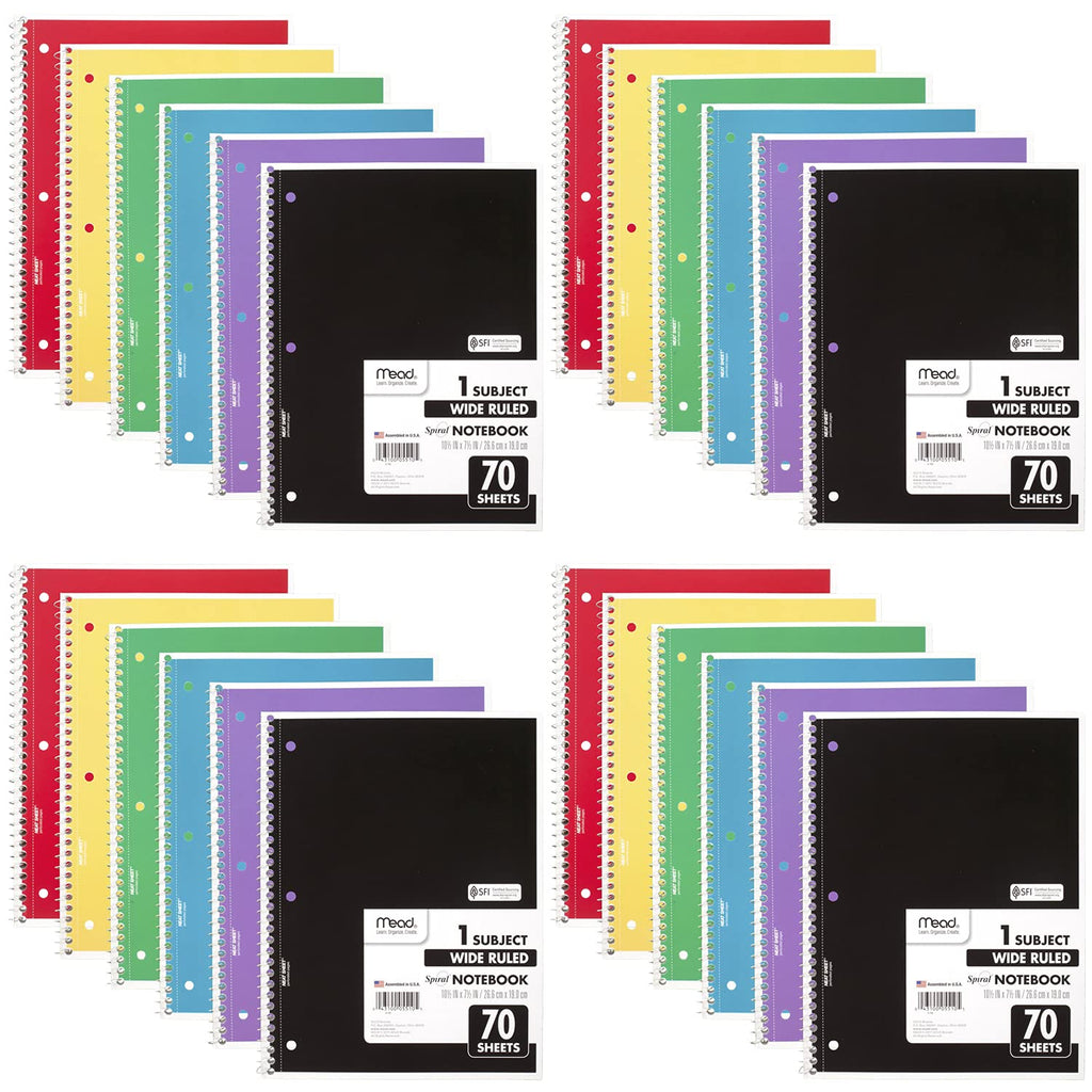 Mead Spiral Notebook, 12 Pack, 1 Subject, Wide Ruled Paper, 7-1/2" x 10-1/2", 70 Sheets per Notebook, Colors Will Vary (930202-ECM25)