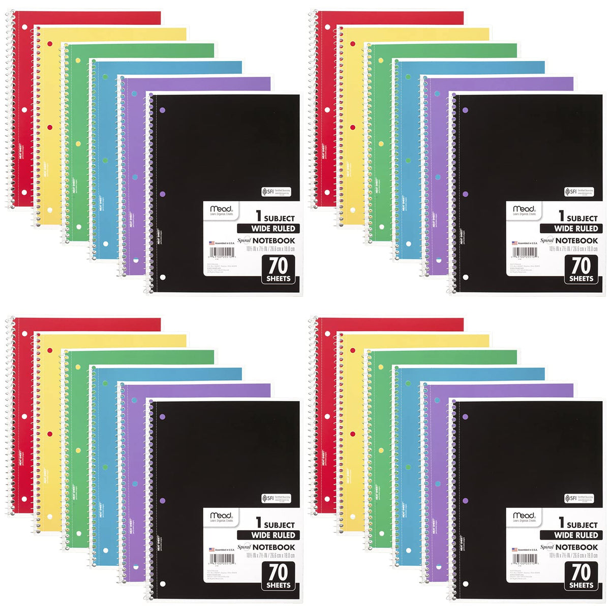 Mead Spiral Notebook, 12 Pack, 1 Subject, Wide Ruled Paper, 7-1/2" x 10-1/2", 70 Sheets per Notebook, Colors Will Vary (930202-ECM25)