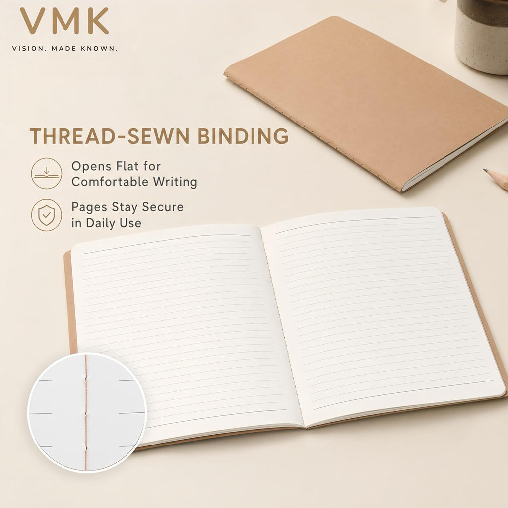 VMK 50 Pack A5 Wide Ruled Lay Flat Notebooks Bulk, Kraft Brown Softcover