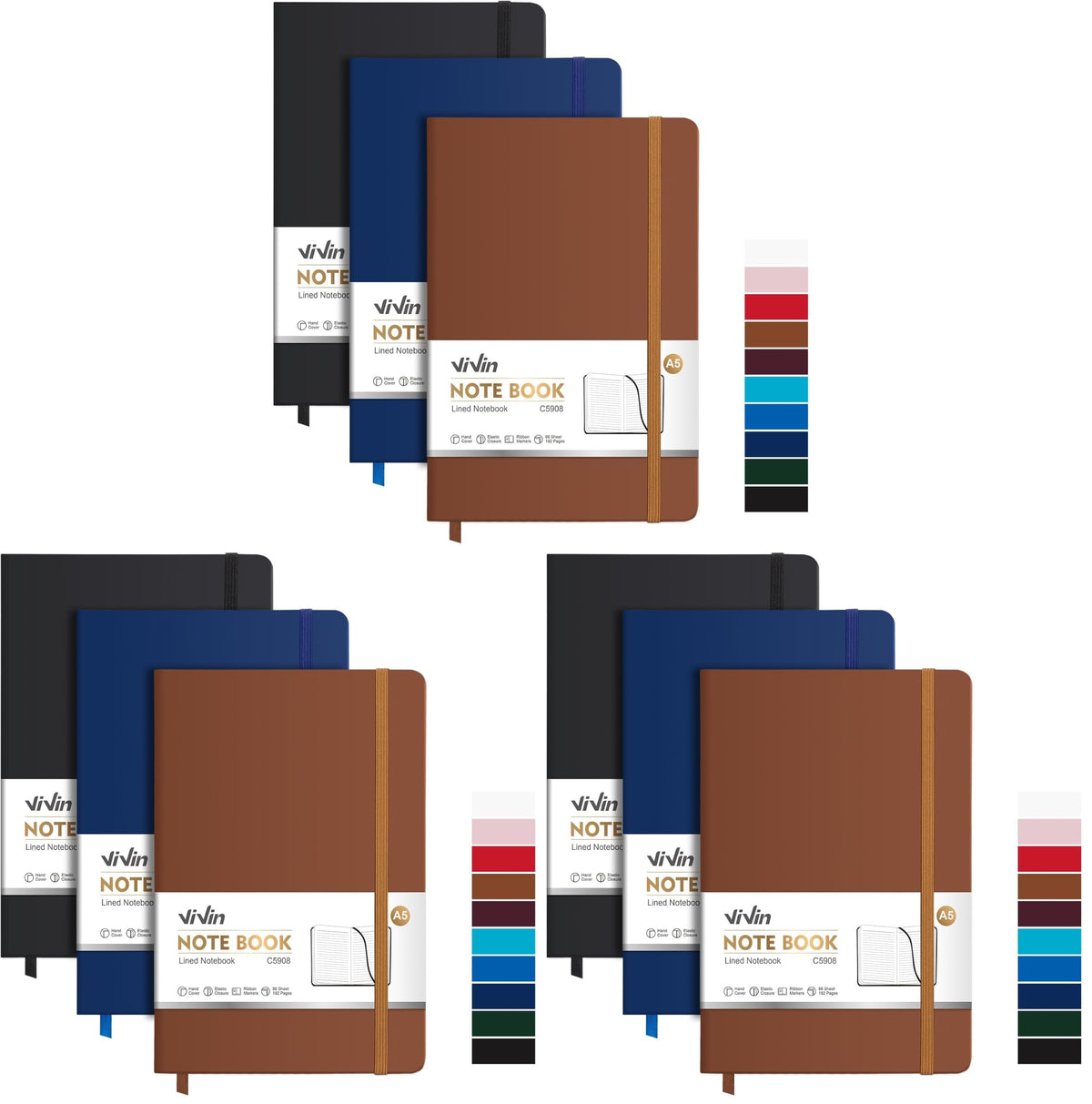 ViVin 3 Pack A5 Hardcover Lined Notebook,192 pg College Ruled 5.5x8.3