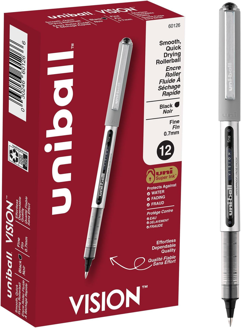 uni-ball Vision Stick Roller Ball Pens, Fine Point, Black Ink, Pack of 4