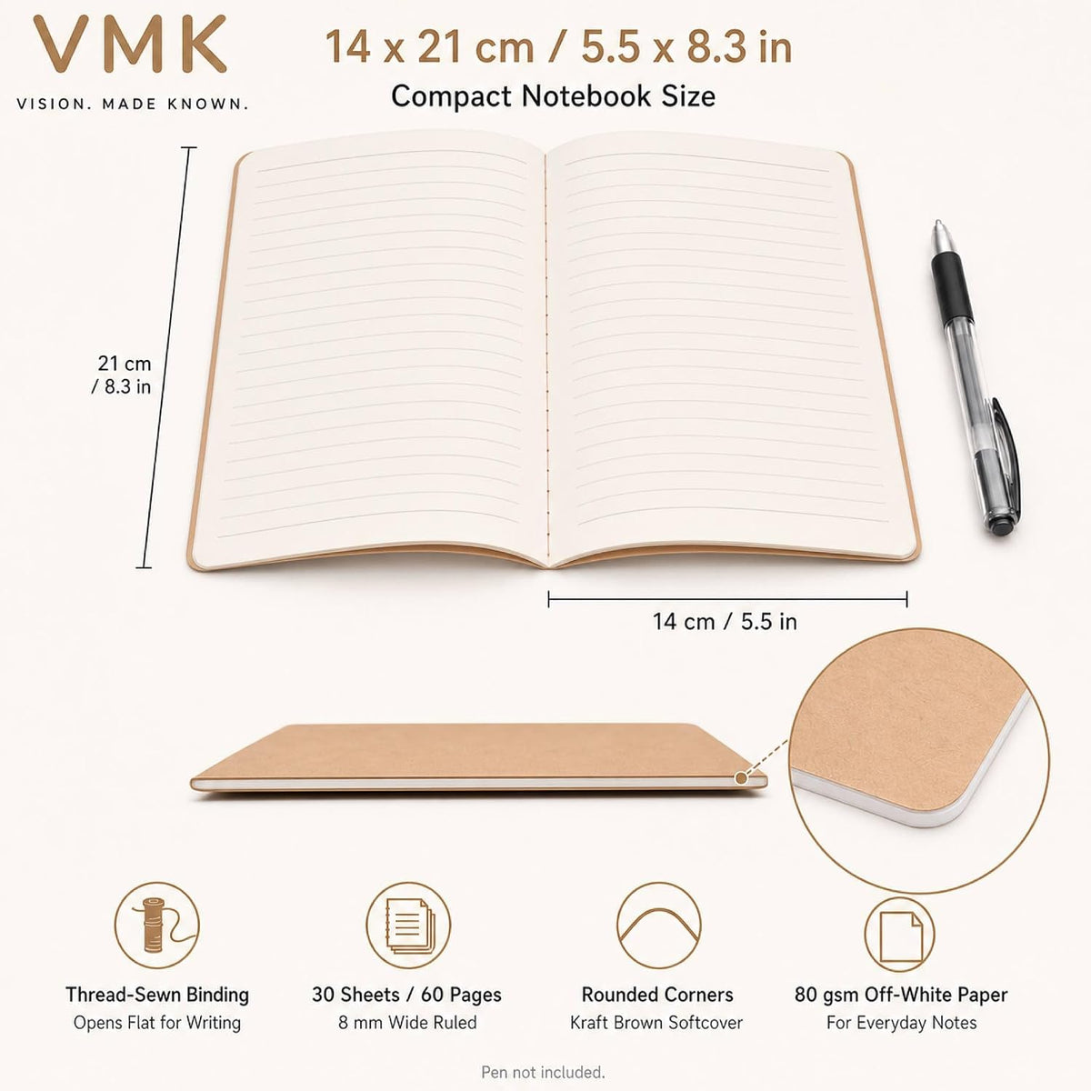 VMK 50 Pack A5 Wide Ruled Lay Flat Notebooks Bulk, Kraft Brown Softcover