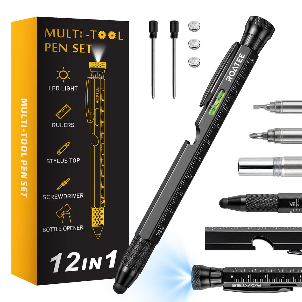 ROATEE Fathers Day Men Multi Tool Pen 12 in 1 Cool Stuff Gadgets Gift for Husband Dad Birthday Personalized Gifts Fidget Construction Pen with Small Screwdriver, Level, Ruler,Led Light, Black