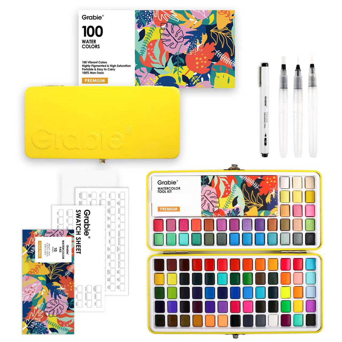Grabie Watercolor Paint Set of 100 Color with Brush Pens