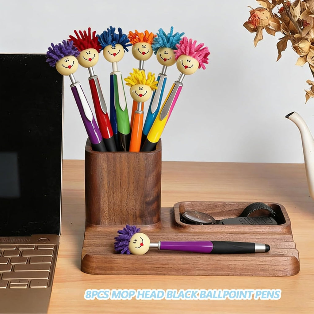 Pens,8pcs Mop Head Ballpoint Pens, Funny Mophea Topper Pen with Plush Hair Writing Click Pen Portable Cute Cartoon Multi-function Signing Party Favors Pens (BLACK ballpoint pen)