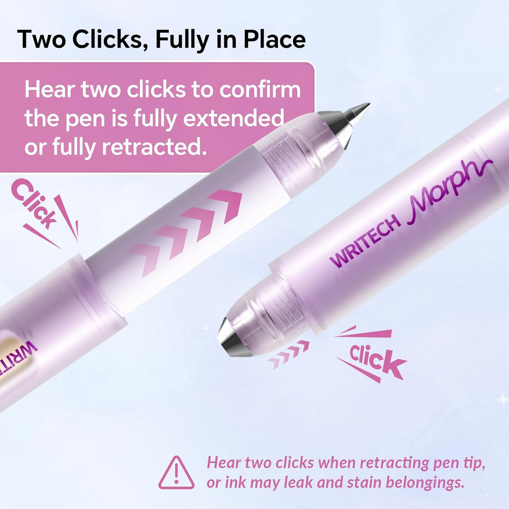 WRITECH Morph Extendable Gel Pens: 0.7mm Medium Point Black Ink Pocket-to-Full-Size Design Translucent Soft Grip Barrel Includes 2 Pens and 2 Refills Dual-Length Pocket Pen 4.6" to 6.1"