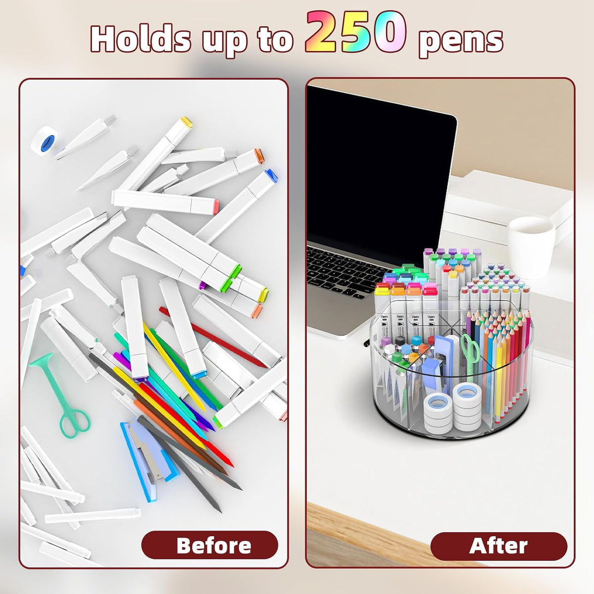 Absonic 250pcs Acrylic Pencil Holder Marker Organizer, Back to School 360-Degree Rotating Pen Holder, Crayon Organizers for Kids Pencil Organizer Caddy Art Supply Lazy Susan Organizer for Desk Office