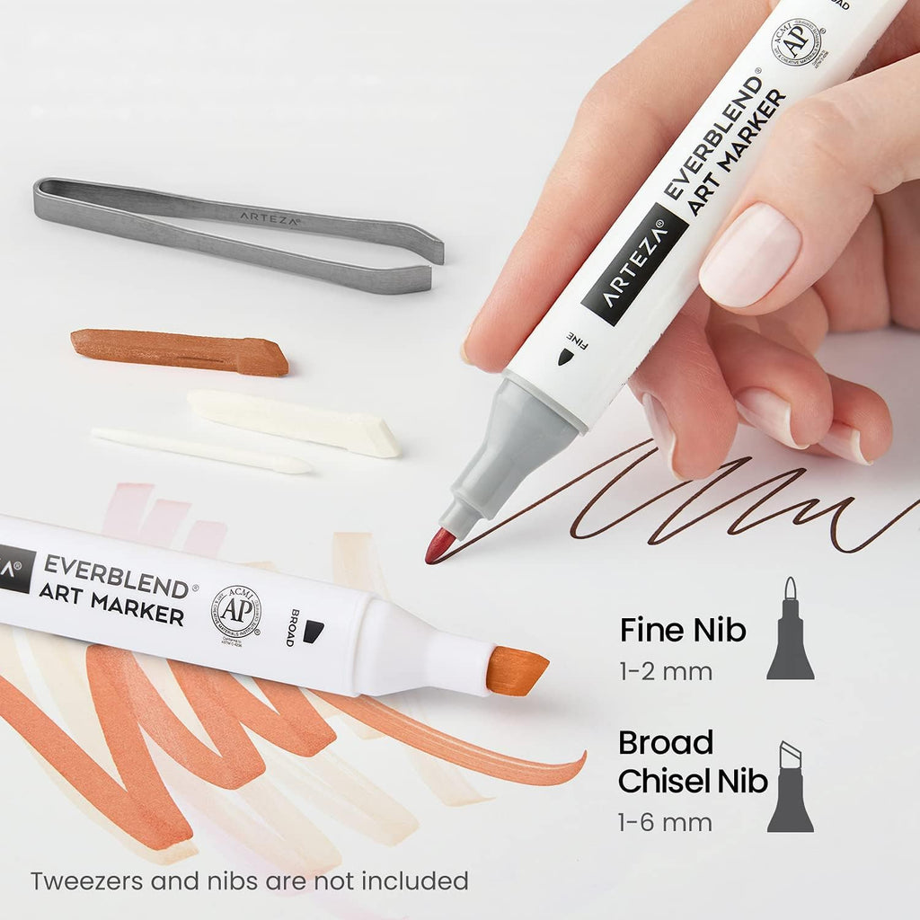 ARTEZA Alcohol Markers – Set of 36 Portrait & Skin Tone EverBlend Dual Tip Markers with Fine and Chisel Nibs and Organizer Box for Drawing