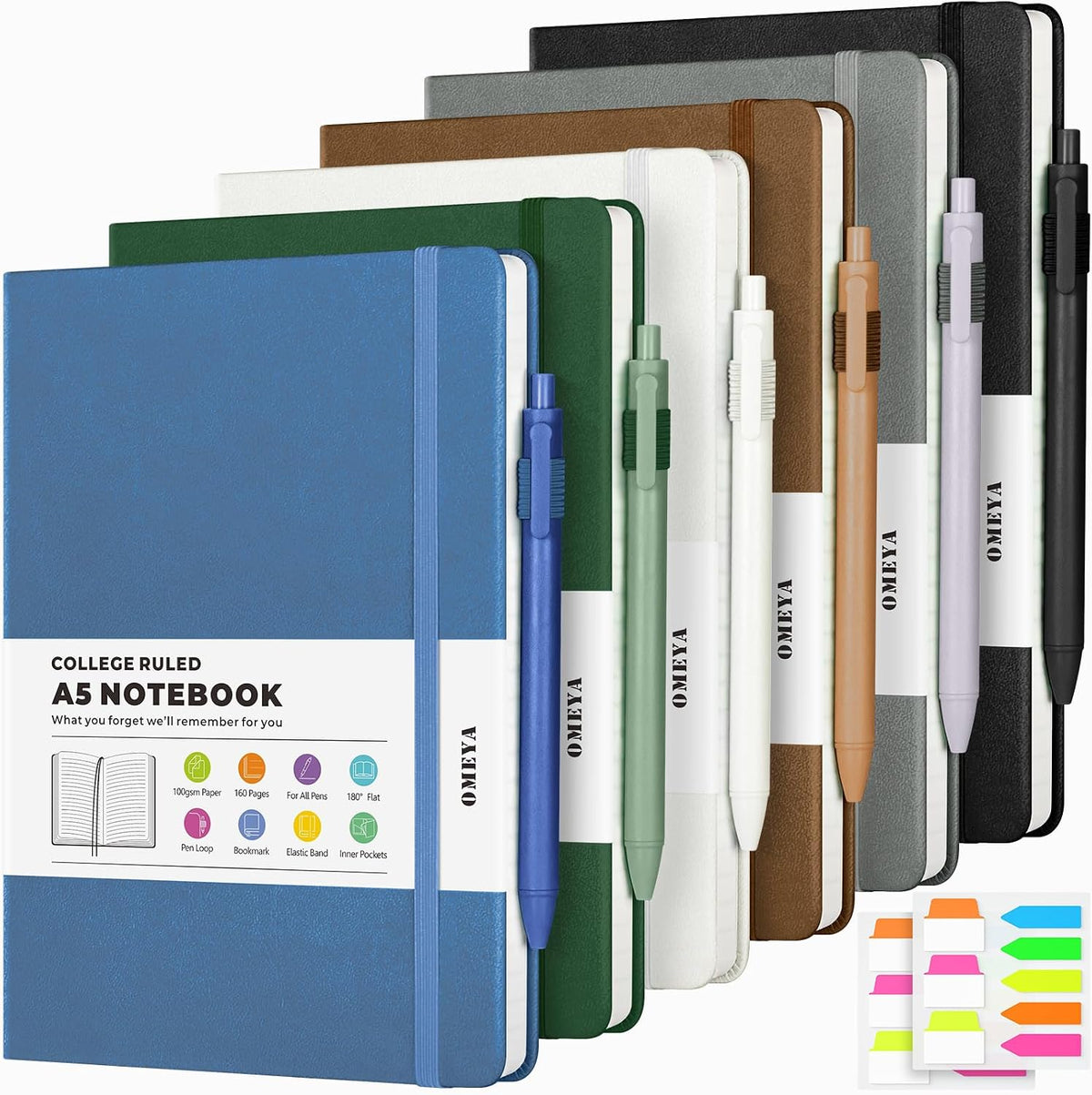 OMEYA A5 Hardcover Notebooks for Work: 6 Pack, 100gsm Paper, 160 Pages Each