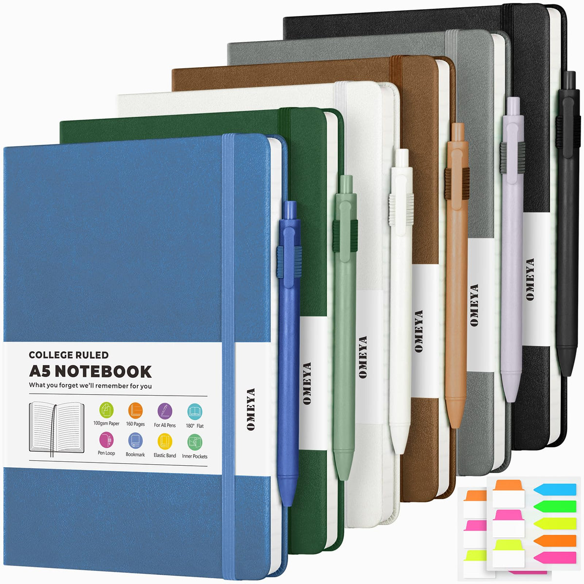 OMEYA A5 Hardcover Notebooks for Work: 6 Pack, 100gsm Paper, 160 Pages Each