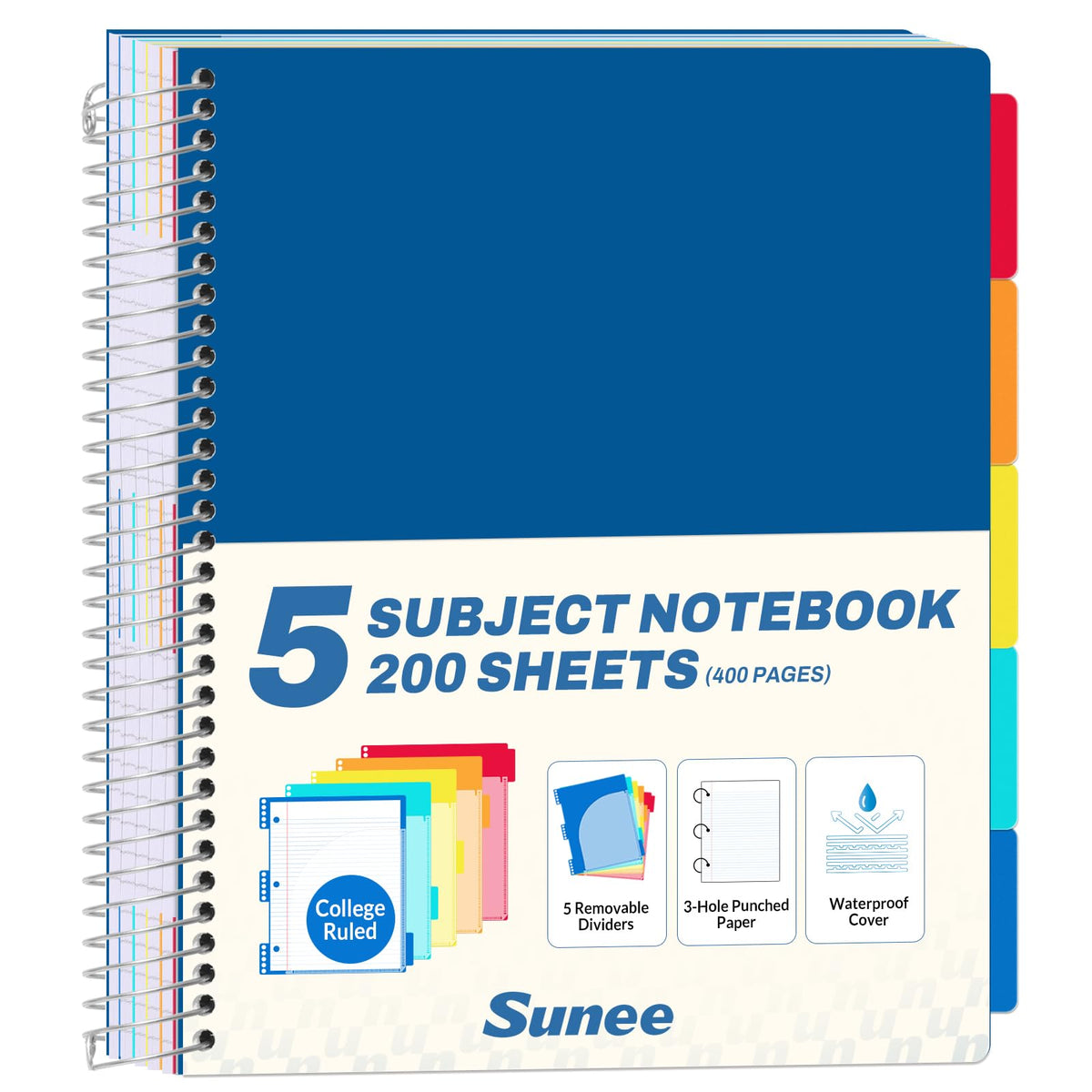 SUNEE 5 Subject Notebook College Ruled - 400 Pages, 9"x11", 5 Pocket Colored Dividers, 3-Hole Punched Paper, Pink