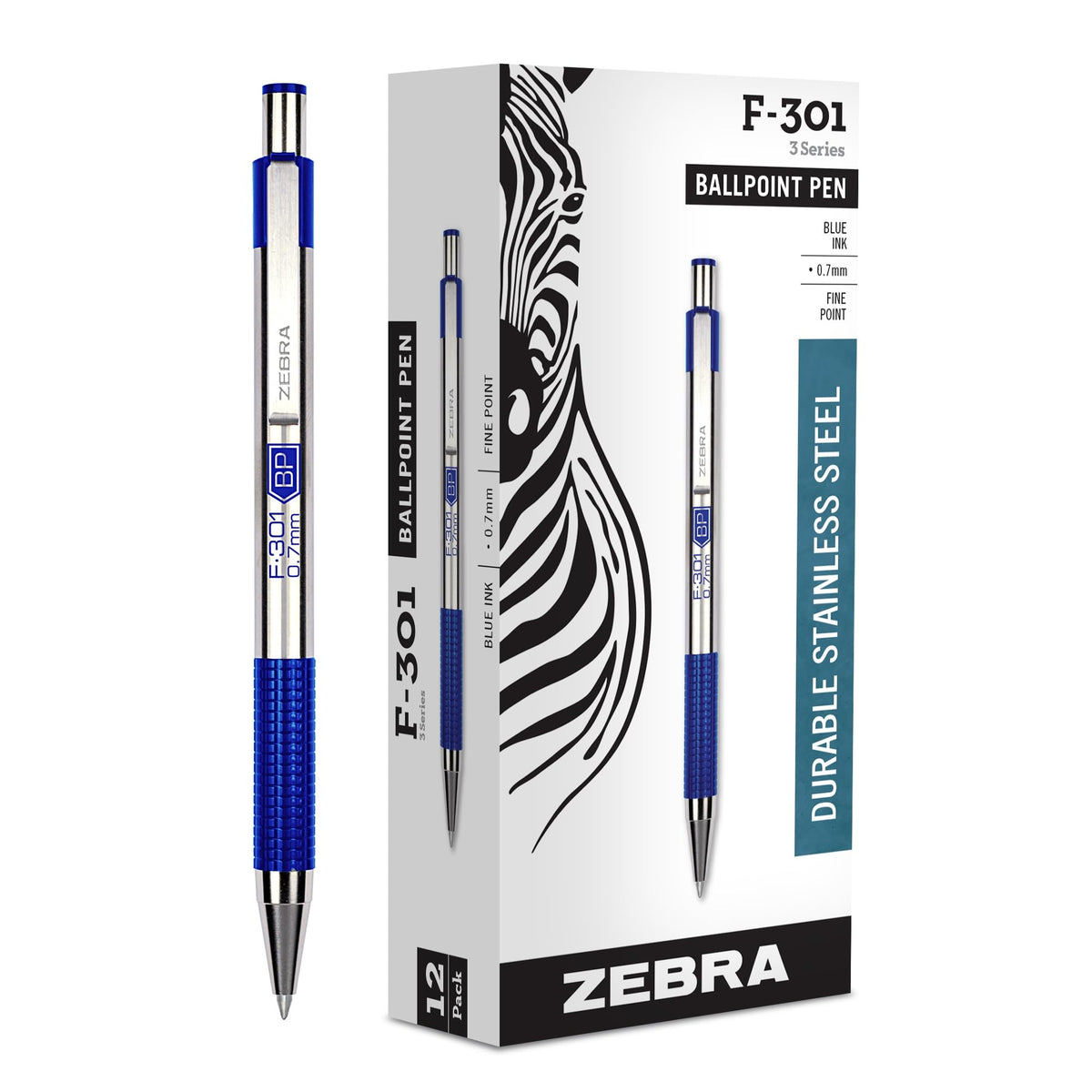Zebra Pen STEEL F-301 Retractable Ballpoint Pen, Black Ink, 0.7mm, 4-Pack