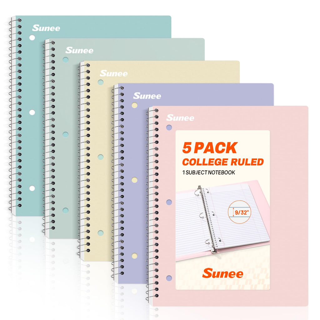 SUNEE Spiral Notebooks, 1-Subject, 10 Pack, College Ruled Paper, 8" x 10-1/2", 70 Sheets per Notebook,3-Hole Punched Paper, Pink,Purple, Blue, Green, Yellow Spiral Lined Notebooks for School,Work