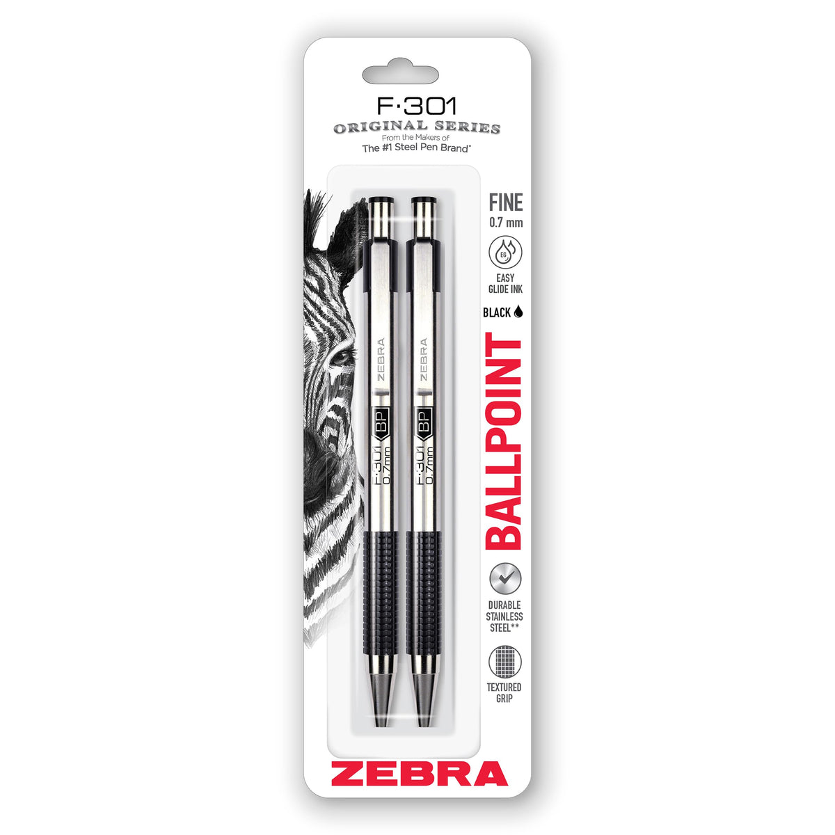 Zebra Pen STEEL F-301 Retractable Ballpoint Pen, Black Ink, 0.7mm, 4-Pack