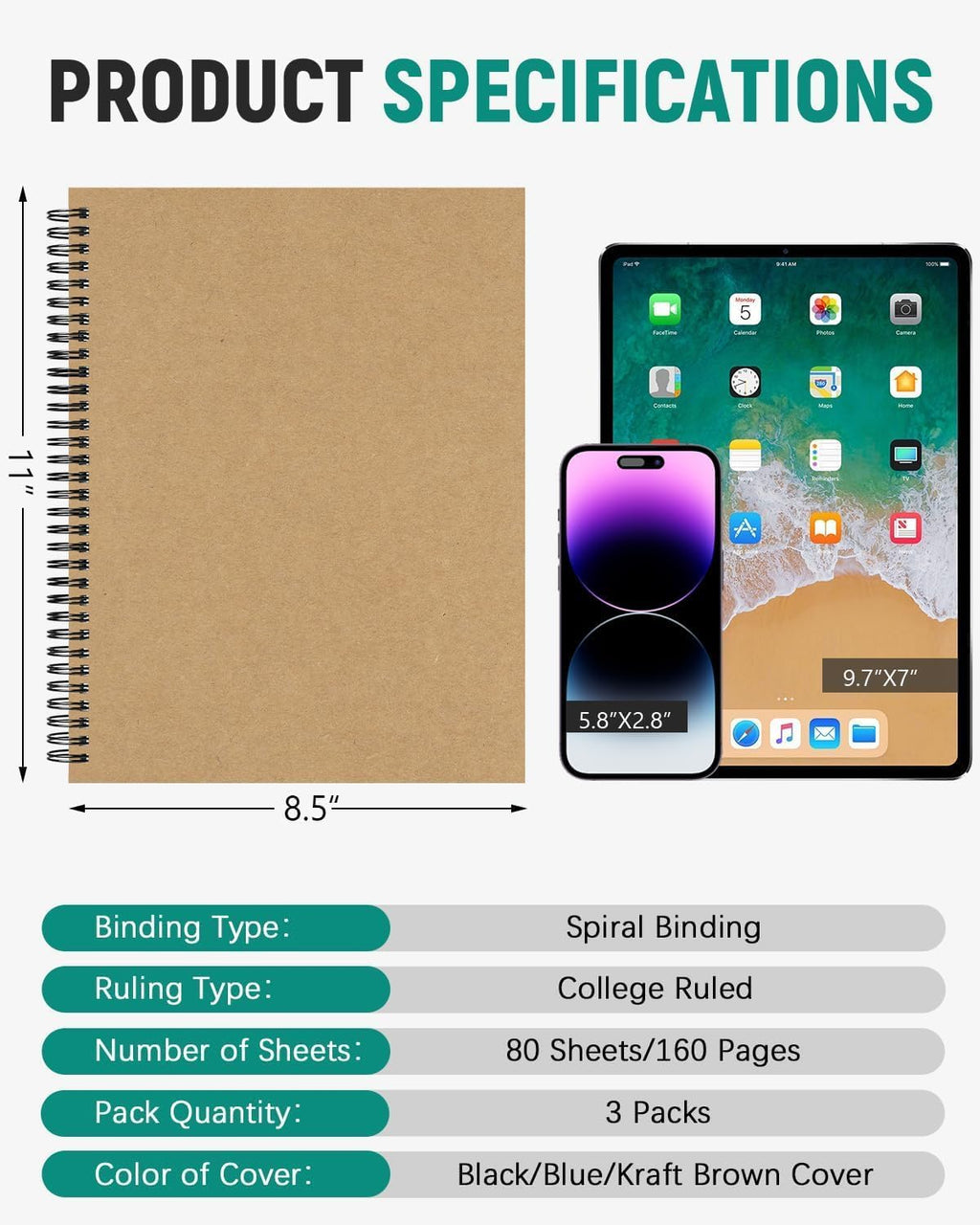 Dynta 3 Packs Large Spiral Notebooks 8.5"x11" Notebooks for Work