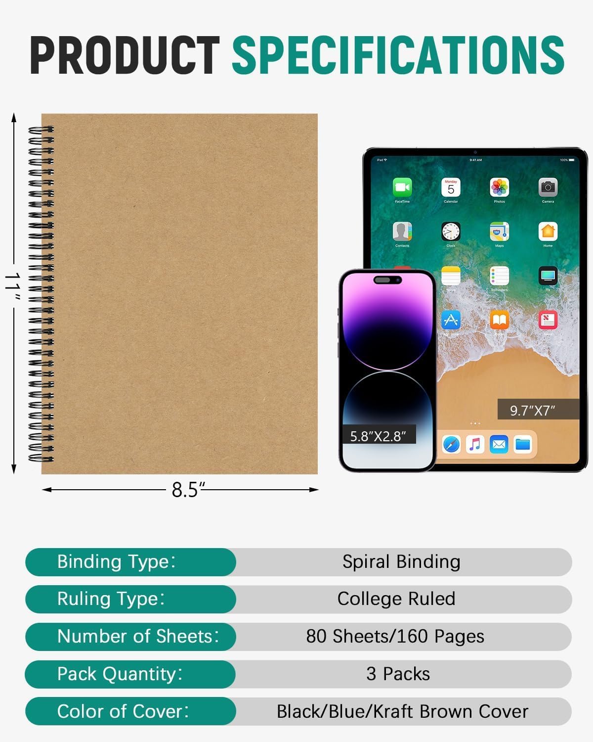 Dynta 3 Packs Large Spiral Notebooks 8.5"x11" Notebooks for Work