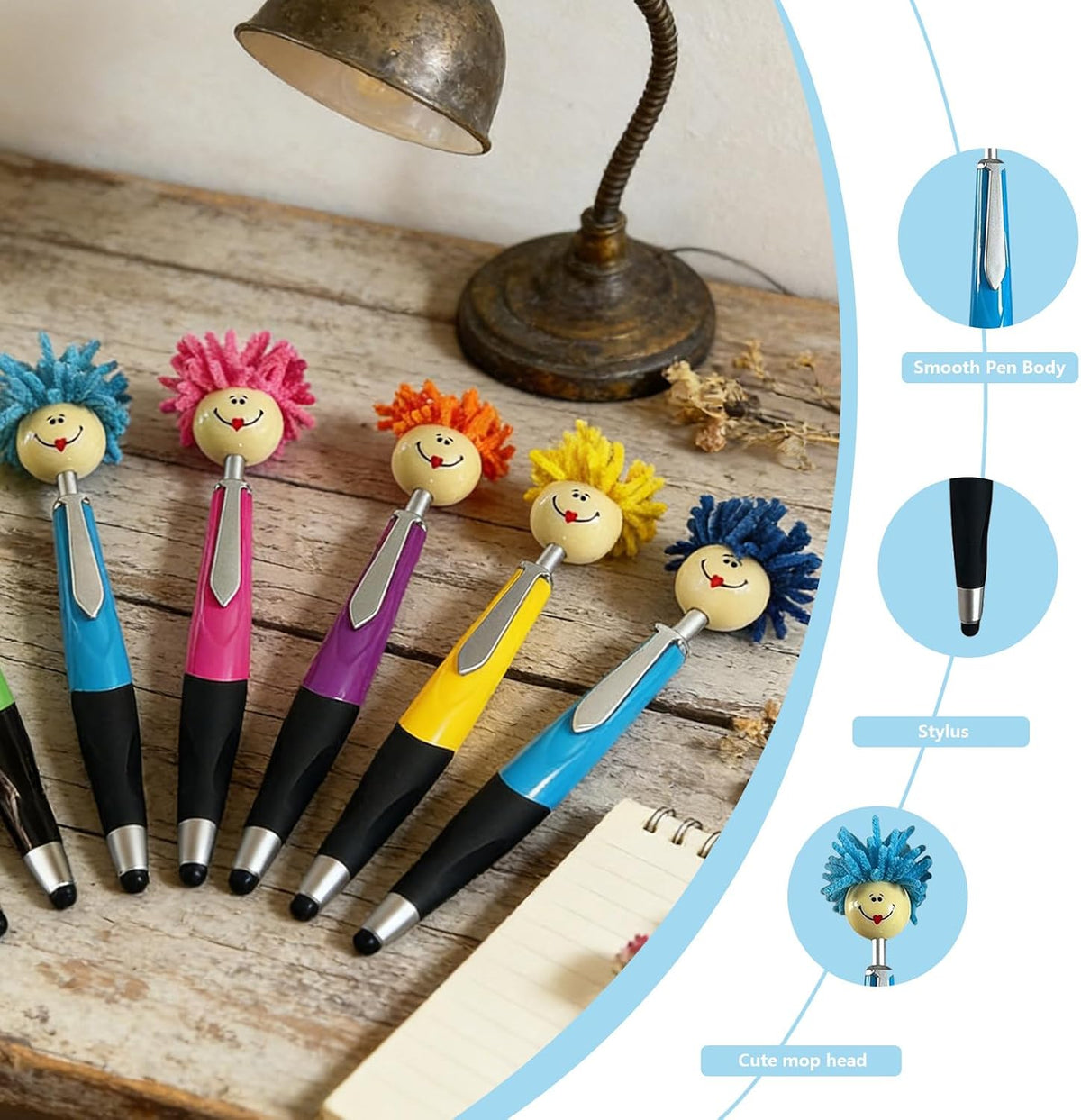 Pens,8pcs Mop Head Ballpoint Pens, Funny Mophea Topper Pen with Plush Hair Writing Click Pen Portable Cute Cartoon Multi-function Signing Party Favors Pens (BLACK ballpoint pen)