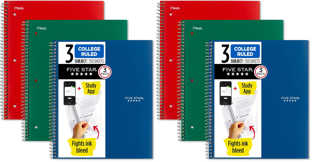 Five Star Spiral Notebook + Study App, 3 Pack, 3 Subject, College Ruled Paper, Fights Ink Bleed, Water Resistant Cover, 8-1/2" x 11", 150 Sheets, Green, Red, Blue (820193)