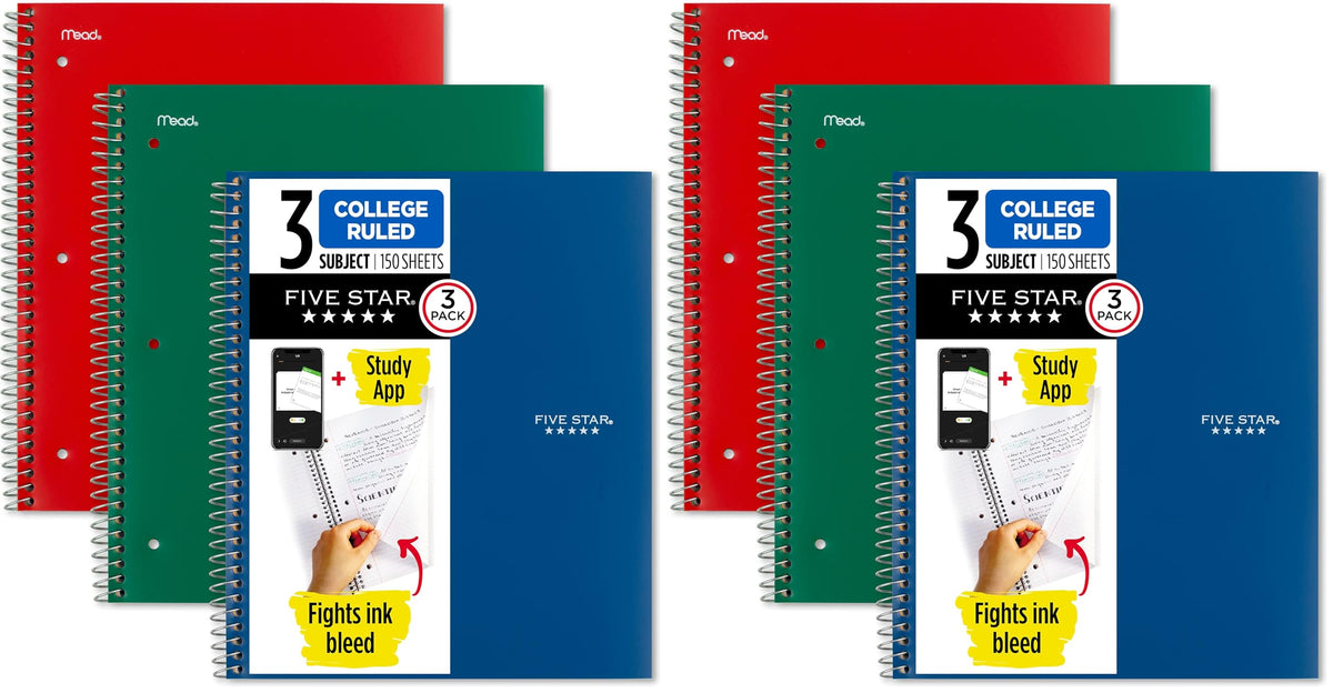Five Star Spiral Notebook + Study App, 3 Pack, 3 Subject, College Ruled Paper, Fights Ink Bleed, Water Resistant Cover, 8-1/2" x 11", 150 Sheets, Green, Red, Blue (820193)
