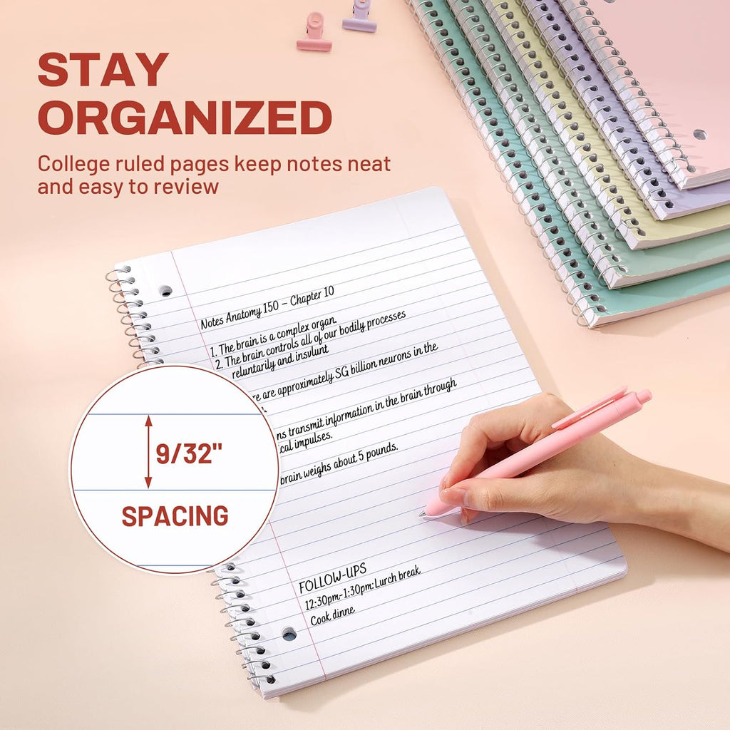 SUNEE Spiral Notebooks, 1-Subject, 10 Pack, College Ruled Paper, 8" x 10-1/2", 70 Sheets per Notebook,3-Hole Punched Paper, Pink,Purple, Blue, Green, Yellow Spiral Lined Notebooks for School,Work