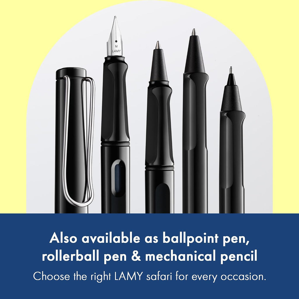 LAMY safari black - Fountain Pen with ergonomic grip & polished steel nib in size M - ideal for any Writing & Calligraphy - including LAMY T 10 blue cartridge - Right-Handed