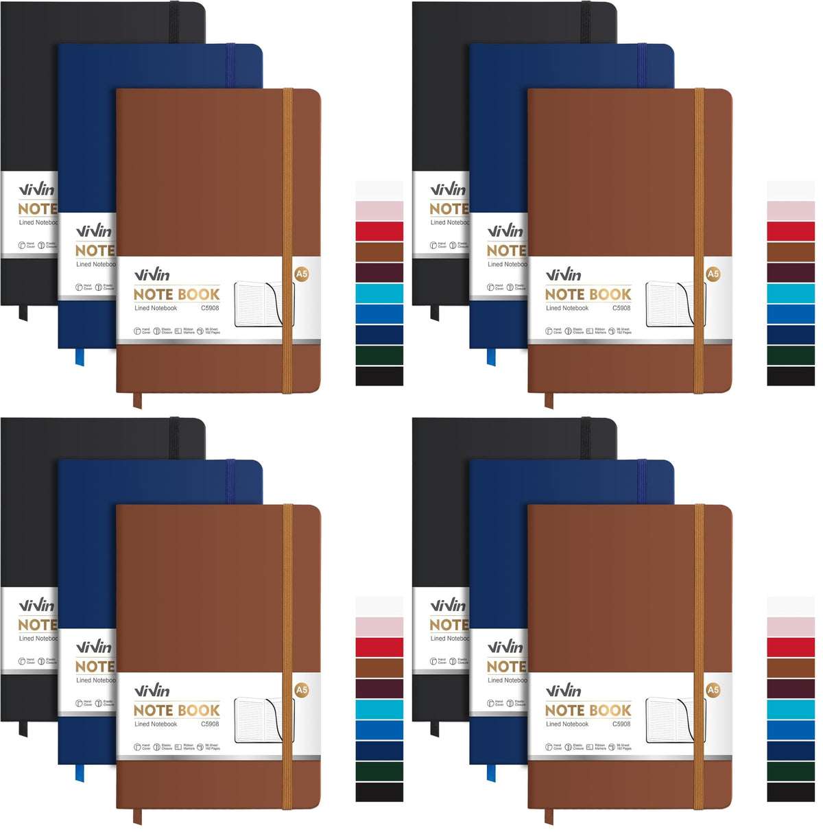 ViVin 3 Pack A5 Hardcover Lined Notebook,192 pg College Ruled 5.5x8.3