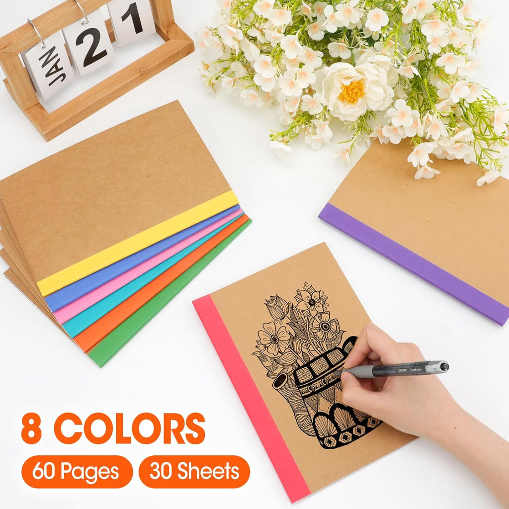 YesBes 32 Pack A5 Kraft Notebooks Bulk, 8.3'' x 5.5'' Lined Journal Notebook with Color Strip, Composition Notebooks Journaling Notebooks for School Office Students Artists, 8 Colors 60 Pages