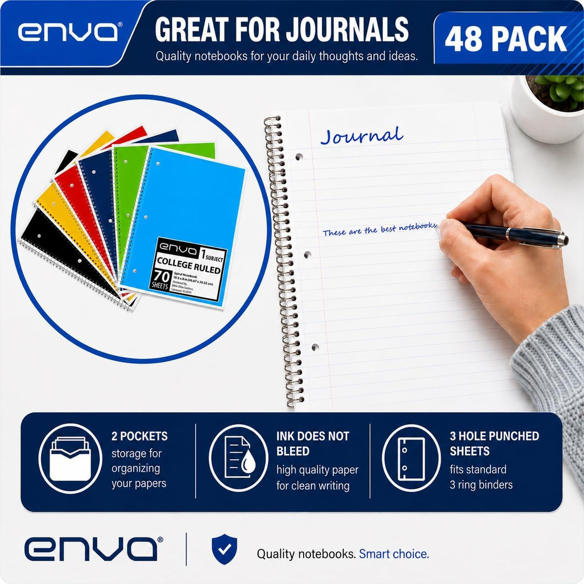 ENVO Spiral Notebook, 1 Subject, Spiral Notebook College Ruled, 8 x 10.5, Notebooks Bulk, School Supplies, Office Supplies, 70 Sheets, (48, College Ruled)