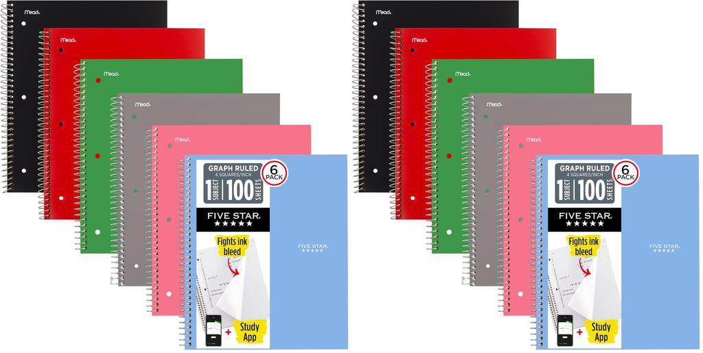 Five Star Spiral Notebook + Study App, 1 Subject, Graph Ruled Paper, 8.5" x 11", 100 Sheets, Assorted Colors, 6 Pack (73549)