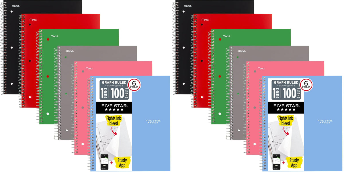 Five Star Spiral Notebook + Study App, 1 Subject, Graph Ruled Paper, 8.5" x 11", 100 Sheets, Assorted Colors, 6 Pack (73549)