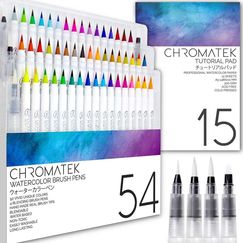 CHROMATEK 54 Watercolor Pens Set | Including 15 Page Pad & Online Video Tutorial Series | 4 Aquapens & 50 Unique Colors | Brush Pens | Easily Blendable, Vivid, Smooth | Professional Art Supplies