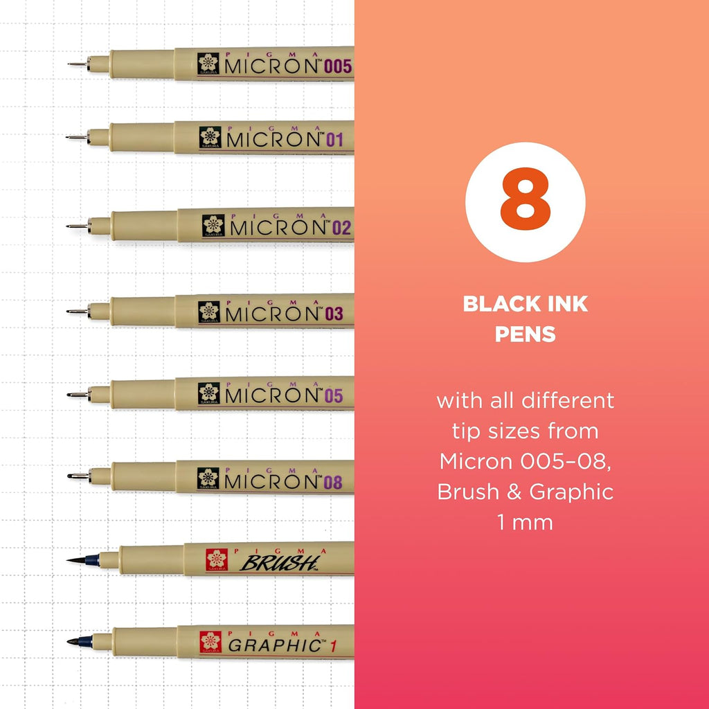 SAKURA Pigma 30067 Micron Blister Card Ink Pen Set, Black, 8/Set