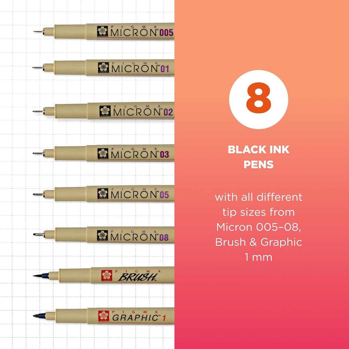 SAKURA Pigma 30067 Micron Blister Card Ink Pen Set, Black, 8/Set