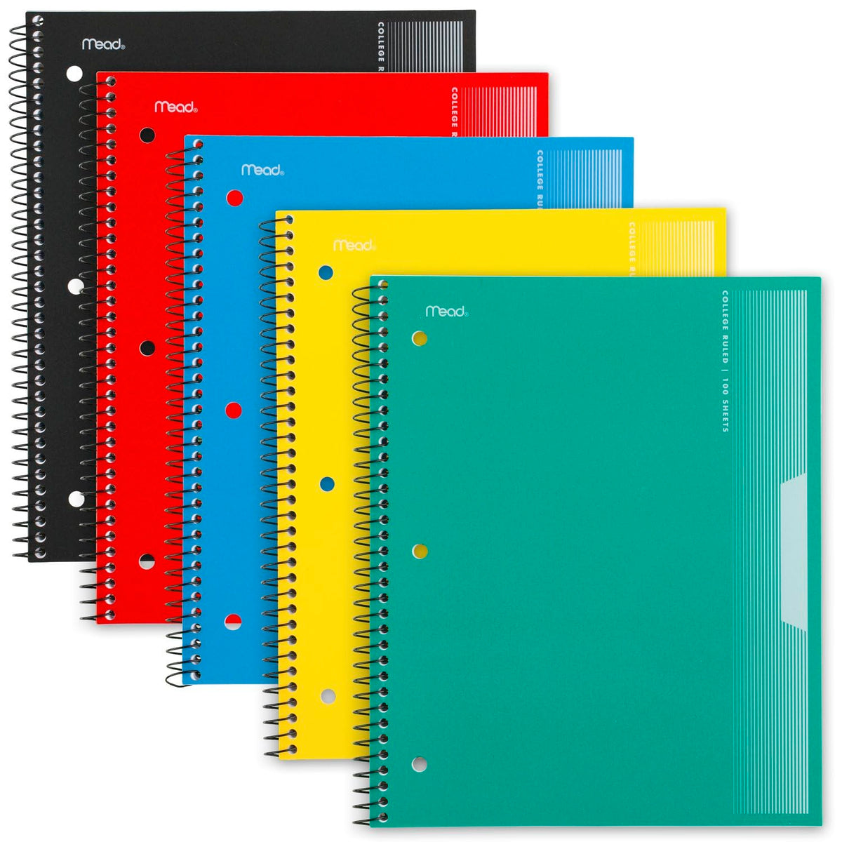 Mead Spiral Notebooks, 1 Subject, Wide Ruled Paper, 8" x 10-1/2", 100 Sheets, Assorted Colors, 5 Pack (930093)