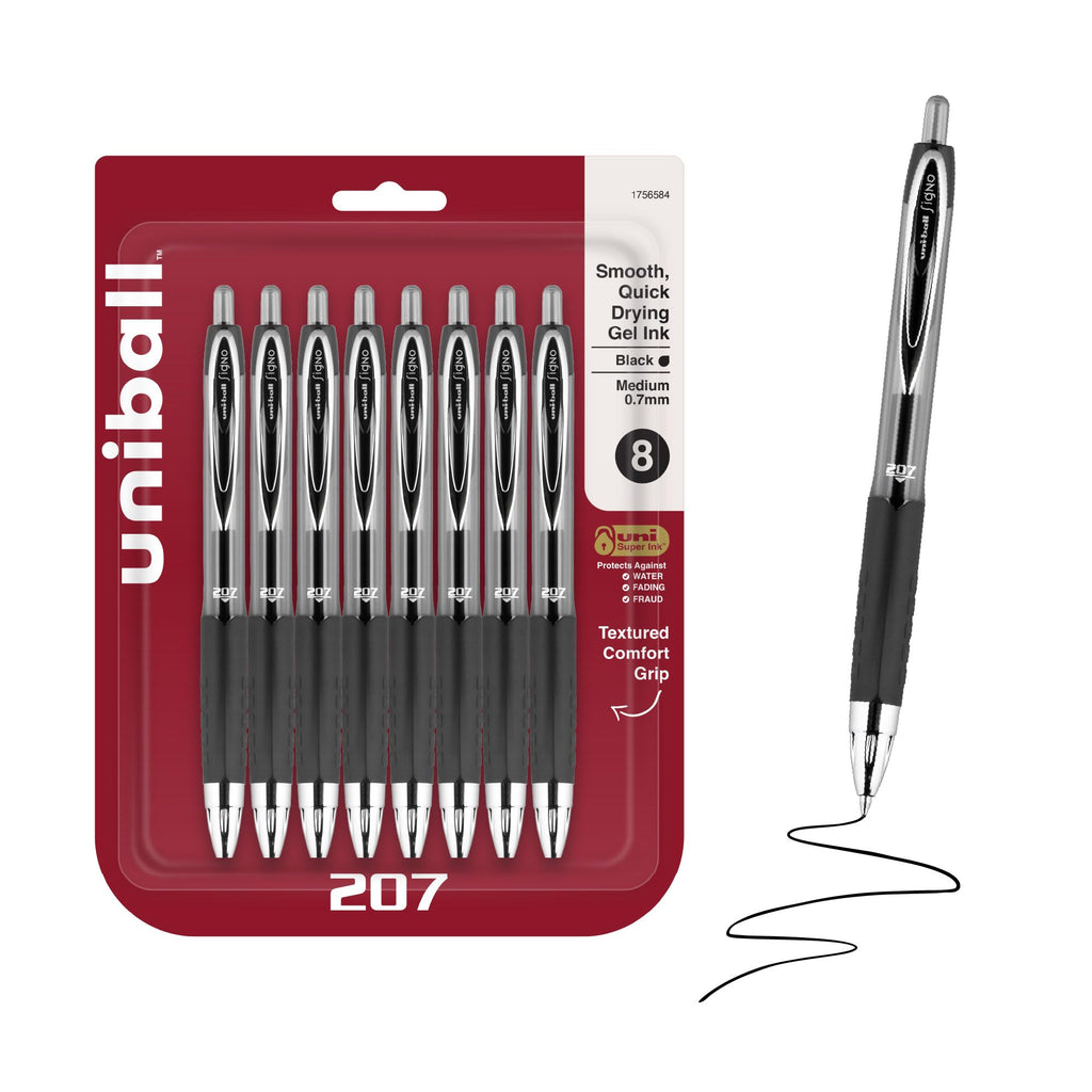 uniball™ 207 Gel Pens, Black Ink, 0.7mm Medium Point, Retractable, 12 Count