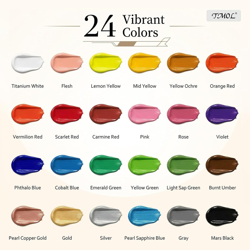 TMOL Acrylic Paint Set, 24 Colors (2 oz/Bottle) with 12 Art Brushes, Art Supplies for Painting Canvas, Wood, Ceramic & Fabric, Rich Pigments Lasting Quality for Beginners, Professional