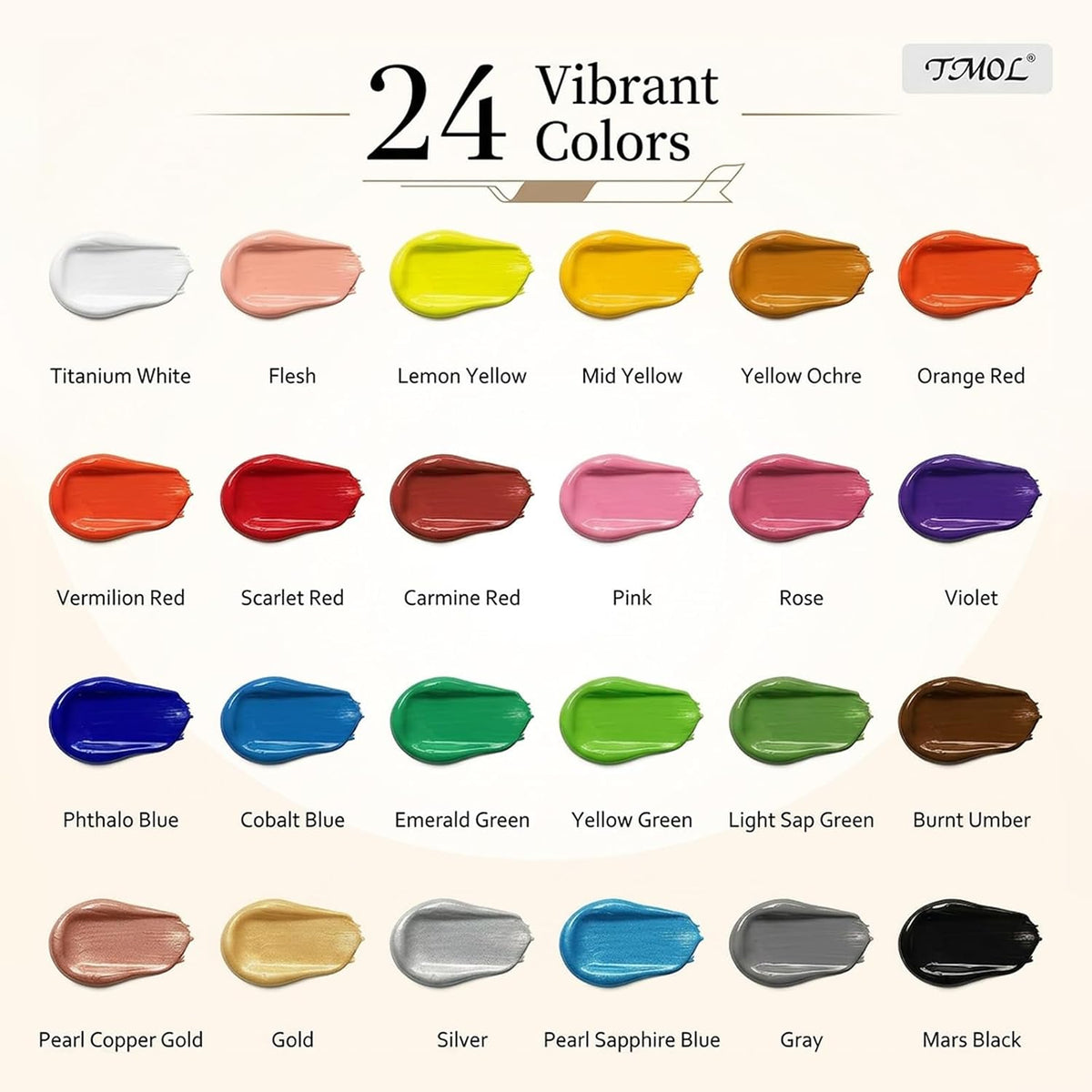 TMOL Acrylic Paint Set, 24 Colors (2 oz/Bottle) with 12 Art Brushes, Art Supplies for Painting Canvas, Wood, Ceramic & Fabric, Rich Pigments Lasting Quality for Beginners, Professional